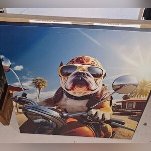 🆕 New Wall Decor Wooden Framed Canvas Motorcyle Bike Dog 18" x 18"
